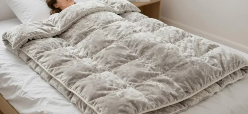 A cozy bedroom scene with a person lying on a bed, wrapped in a HoMedics weighted blanket. The blanket should be shown in detail, highlighting its plush texture and evenly distributed weight. The setting should convey comfort and relaxation, with soft lighting and a calm atmosphere.