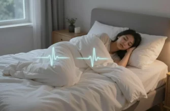 A serene bedroom scene featuring a person peacefully sleeping under a soft, plush weighted blanket. The blanket gently drapes over the person, conveying a sense of calm and deep relaxation. Subtle visual cues hint at scientific benefits, such as faint, glowing lines representing soothing brain waves or a soft aura indicating reduced stress. The room is softly lit, with a cozy bed, a nightstand, and a window showing a calm night sky, emphasizing comfort and tranquility.