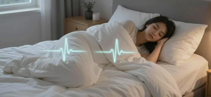 A serene bedroom scene featuring a person peacefully sleeping under a soft, plush weighted blanket. The blanket gently drapes over the person, conveying a sense of calm and deep relaxation. Subtle visual cues hint at scientific benefits, such as faint, glowing lines representing soothing brain waves or a soft aura indicating reduced stress. The room is softly lit, with a cozy bed, a nightstand, and a window showing a calm night sky, emphasizing comfort and tranquility.