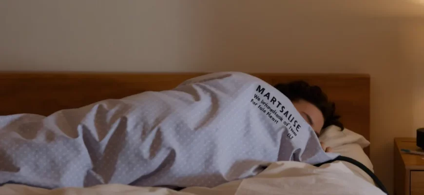 A calm bedroom scene featuring a person peacefully sleeping on a bed, covered by a soft weighted blanket. The setting includes subtle medical elements such as a faint heart rate monitor display or a gentle glow around the blanket to suggest safety and comfort. The lighting is warm and soothing, with no visible text or symbols that could be interpreted as instructions or branding.
