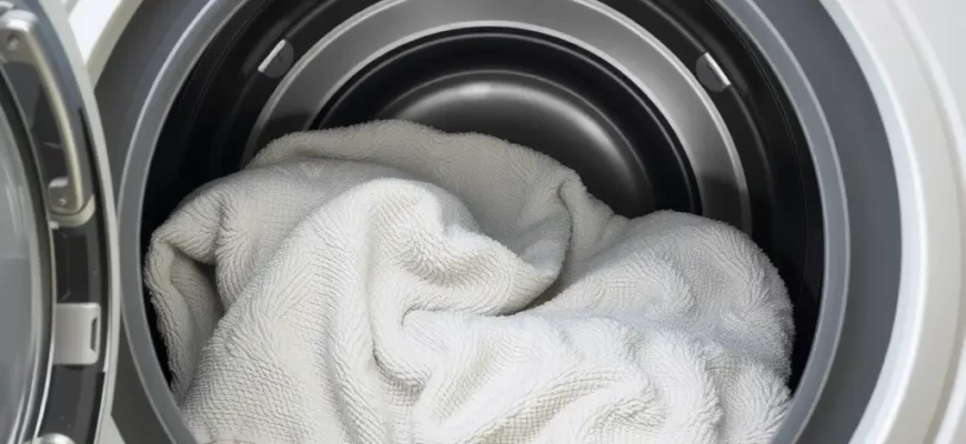 A detailed, photorealistic depiction of a washing machine interior with a Tranquility weighted blanket inside, showing the blanket's texture and the machine's interior, set in a calm, neutral environment