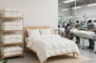 A split-scene illustration showing a modern retail display with neatly folded weighted blankets on shelves, a cozy bedroom with a plush weighted blanket draped over a neatly made bed, and a factory floor where workers are stitching and packaging weighted blankets on a production line, all blended seamlessly to convey the journey from factory to retailer to home