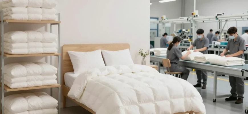 A split-scene illustration showing a modern retail display with neatly folded weighted blankets on shelves, a cozy bedroom with a plush weighted blanket draped over a neatly made bed, and a factory floor where workers are stitching and packaging weighted blankets on a production line, all blended seamlessly to convey the journey from factory to retailer to home
