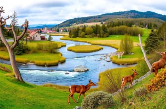 A panoramic European landscape showing a restored forest with diverse wildlife such as deer, wolves, and birds, a flowing river, a meadow, and a small village in the background, illustrating rewilding