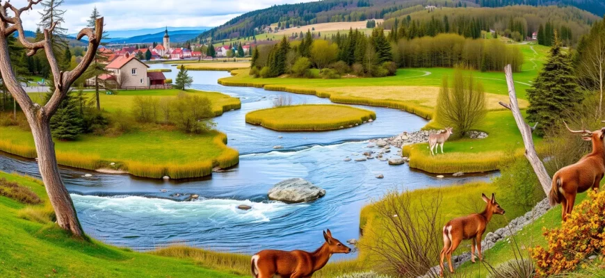 A panoramic European landscape showing a restored forest with diverse wildlife such as deer, wolves, and birds, a flowing river, a meadow, and a small village in the background, illustrating rewilding