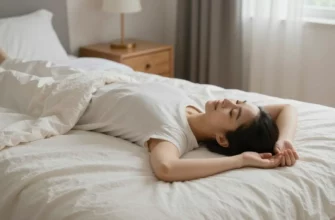 A calm bedroom scene featuring a person with multiple sclerosis lying on a soft, evenly weighted blanket. The person is relaxed, eyes closed, with a gentle smile, wearing comfortable clothing. The blanket is evenly distributed across the body, showing subtle weight lines. The room has soft lighting, a small nightstand with a lamp, and a window with curtains. The overall mood is soothing and therapeutic, emphasizing comfort and relaxation.