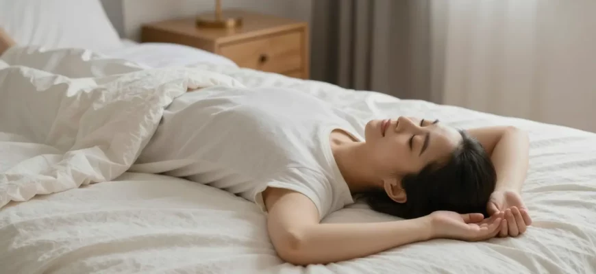 A calm bedroom scene featuring a person with multiple sclerosis lying on a soft, evenly weighted blanket. The person is relaxed, eyes closed, with a gentle smile, wearing comfortable clothing. The blanket is evenly distributed across the body, showing subtle weight lines. The room has soft lighting, a small nightstand with a lamp, and a window with curtains. The overall mood is soothing and therapeutic, emphasizing comfort and relaxation.