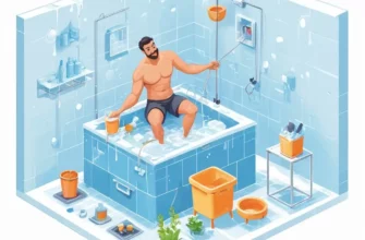 A detailed guide illustration showing a person using a cold plunge cube, with various ice management techniques depicted. The scene should include the cold plunge cube filled with water, ice cubes, a thermometer, and different tools for managing ice such as tongs, a scoop, and a bucket. The person should be shown interacting with these tools to manage the ice effectively. The background should be a clean, modern setting like a spa or wellness center.