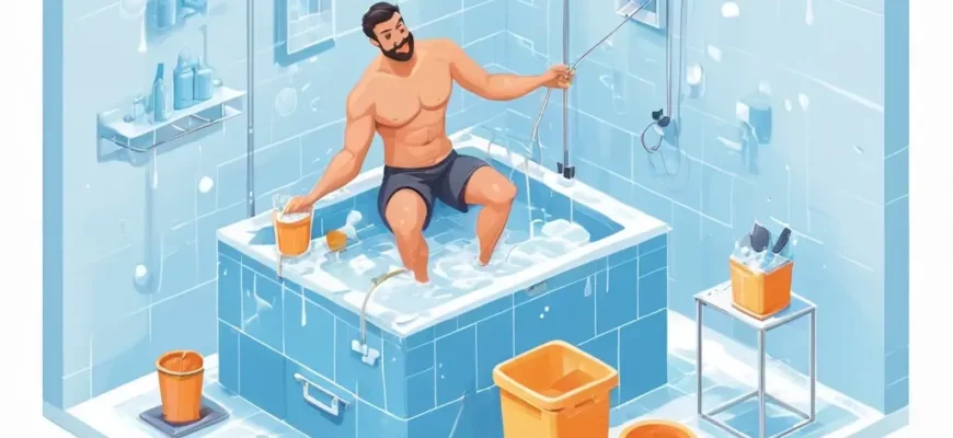 A detailed guide illustration showing a person using a cold plunge cube, with various ice management techniques depicted. The scene should include the cold plunge cube filled with water, ice cubes, a thermometer, and different tools for managing ice such as tongs, a scoop, and a bucket. The person should be shown interacting with these tools to manage the ice effectively. The background should be a clean, modern setting like a spa or wellness center.