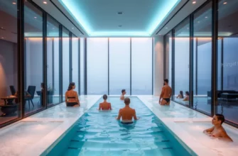 A modern cold plunge studio interior with a clear, icy blue plunge pool surrounded by sleek glass walls and minimalist design. Several people in swimwear are standing or sitting in the pool, enjoying the chill. The studio has ambient lighting, a view of a city skyline or natural backdrop through large windows, and subtle signage indicating the studio name. The scene conveys a sense of evolution from rustic to contemporary design.