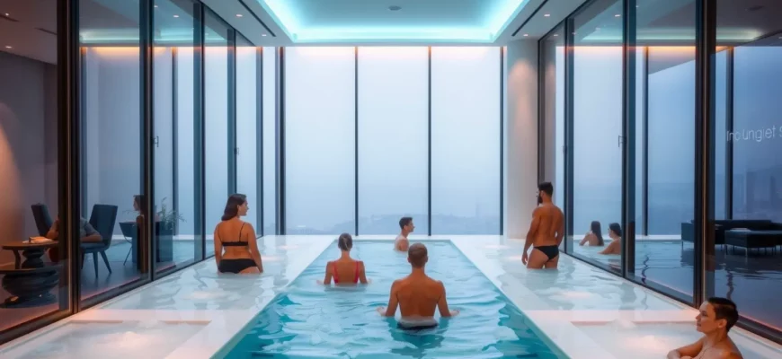 A modern cold plunge studio interior with a clear, icy blue plunge pool surrounded by sleek glass walls and minimalist design. Several people in swimwear are standing or sitting in the pool, enjoying the chill. The studio has ambient lighting, a view of a city skyline or natural backdrop through large windows, and subtle signage indicating the studio name. The scene conveys a sense of evolution from rustic to contemporary design.