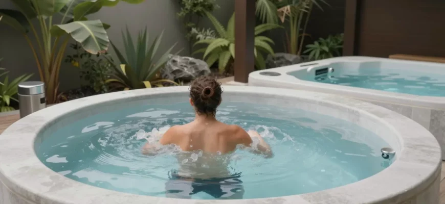A serene outdoor setting featuring a modern cold plunge spa surrounded by lush greenery and natural elements. The spa is filled with clear, icy water, and a person is depicted in the process of entering or exiting the spa, showcasing the contrast therapy experience. The scene includes a nearby hot tub or sauna to highlight the contrast therapy aspect. The overall atmosphere is tranquil and inviting, emphasizing the benefits of cold plunge spas and contrast therapy.