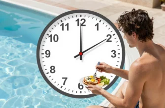 A person standing beside a clear, icy blue plunge pool after finishing a meal, with a subtle clock overlay indicating the optimal timing, showing a relaxed expression