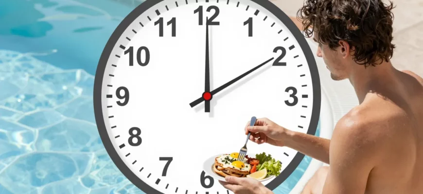 A person standing beside a clear, icy blue plunge pool after finishing a meal, with a subtle clock overlay indicating the optimal timing, showing a relaxed expression