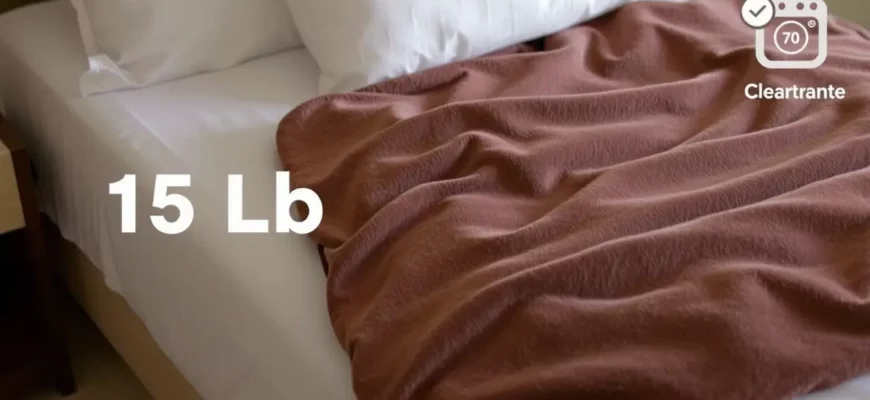 A 15 lb weighted blanket draped over a neatly made bed, with a small, realistic scale beside it showing a 15 lb weight, and a subtle cleaning icon (e.g., a washing machine symbol) in the corner to suggest care instructions. The blanket should appear plush and textured, the bed should look inviting, and the overall scene should be warm and inviting without any text or lettering.
