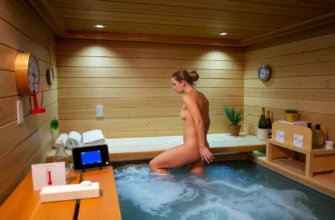 A person stepping out of a traditional Finnish sauna into a cold plunge pool, with a modern wellness center background, featuring a thermometer, heart rate monitor, and a small scientific lab setup to illustrate the science of heat and cold therapy, all in a calm, serene atmosphere