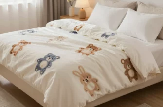 A cozy weighted blanket with a soft plush texture, featuring a whimsical cartoon animal pattern such as a friendly bear or rabbit, placed on a comfortable bed in a warm, inviting bedroom setting with soft lighting and subtle decorative elements