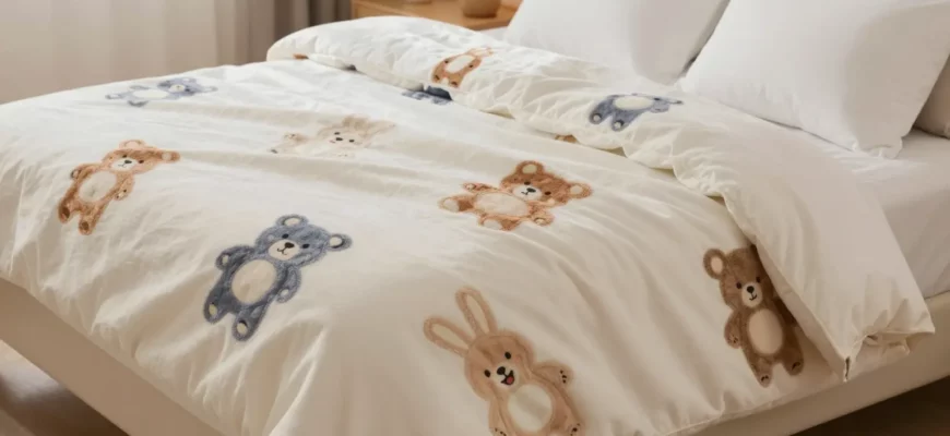 A cozy weighted blanket with a soft plush texture, featuring a whimsical cartoon animal pattern such as a friendly bear or rabbit, placed on a comfortable bed in a warm, inviting bedroom setting with soft lighting and subtle decorative elements