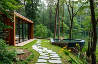 A luxurious eco-lodge nestled in a rewilded forest, featuring a sleek, minimalist wooden structure with large glass windows overlooking a serene lake, surrounded by dense, lush greenery and diverse wildlife such as deer and birds. A winding stone path leads to a small infinity pool that blends into the natural landscape, with soft, natural lighting and a sense of tranquility and harmony between modern luxury and untouched nature.