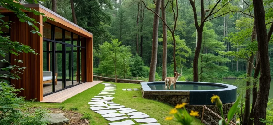 A luxurious eco-lodge nestled in a rewilded forest, featuring a sleek, minimalist wooden structure with large glass windows overlooking a serene lake, surrounded by dense, lush greenery and diverse wildlife such as deer and birds. A winding stone path leads to a small infinity pool that blends into the natural landscape, with soft, natural lighting and a sense of tranquility and harmony between modern luxury and untouched nature.