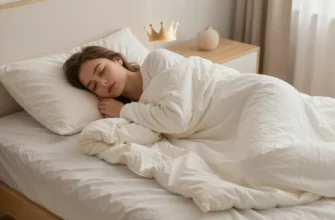 A cozy bedroom scene featuring a person peacefully sleeping under the Bearaby Napper weighted blanket, which appears light, breathable, and slightly textured. The blanket drapes gently over the sleeper, with subtle airflow lines indicating breathability. A subtle, elegant crown hovers above the blanket to symbolize its status as the 'king' of breathable weighted comfort. Soft, warm lighting enhances the relaxed atmosphere.