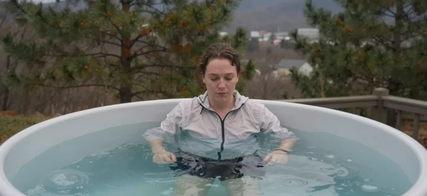 A person standing in a clear cold plunge tub filled with icy water, surrounded by a scenic Knoxville outdoor setting with pine trees and a hint of the Great Smoky Mountains in the background, wearing a light jacket, looking relaxed