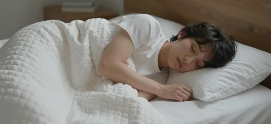 A calm, serene bedroom scene featuring a neurodivergent adult or child peacefully sleeping on a weighted blanket, with soft lighting and a subtle sense of transformation and comfort