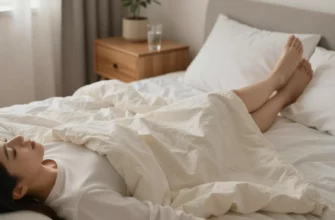 A calm bedroom scene showing a person lying on a comfortable bed, gently covered with a soft, evenly weighted blanket. The person appears relaxed, with their legs slightly elevated, indicating relief from restless leg syndrome. Soft, warm lighting creates a soothing atmosphere, and subtle details like a nightstand with a glass of water and a small plant add to the tranquil setting.