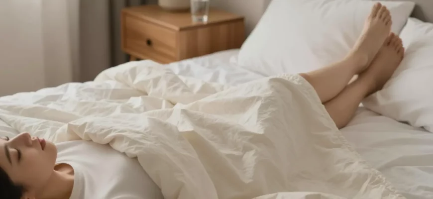A calm bedroom scene showing a person lying on a comfortable bed, gently covered with a soft, evenly weighted blanket. The person appears relaxed, with their legs slightly elevated, indicating relief from restless leg syndrome. Soft, warm lighting creates a soothing atmosphere, and subtle details like a nightstand with a glass of water and a small plant add to the tranquil setting.