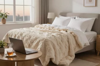 A cozy bedroom scene featuring a plush weighted blanket draped over a comfortable sofa, a laptop open on a coffee table, a steaming cup of tea, a small potted plant, and a window showing a calm evening sky with soft lighting