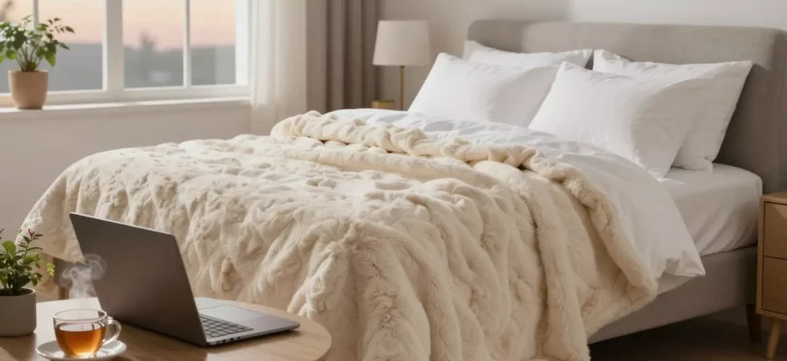 A cozy bedroom scene featuring a plush weighted blanket draped over a comfortable sofa, a laptop open on a coffee table, a steaming cup of tea, a small potted plant, and a window showing a calm evening sky with soft lighting