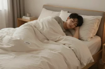 A cozy bedroom scene featuring a person sleeping peacefully under a Cal King weighted blanket. The room is softly lit with warm colors, suggesting relaxation and comfort. Focus on the texture of the blanket and the overall feeling of tranquility. Include a comfortable bed with soft pillows and a neutral-toned duvet.