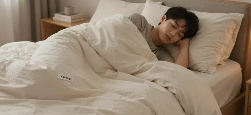 A cozy bedroom scene featuring a person sleeping peacefully under a Cal King weighted blanket. The room is softly lit with warm colors, suggesting relaxation and comfort. Focus on the texture of the blanket and the overall feeling of tranquility. Include a comfortable bed with soft pillows and a neutral-toned duvet.