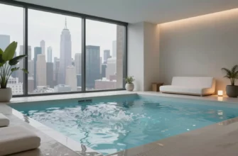A modern cold plunge spa in New York City, featuring a sleek, glass-walled pool filled with icy blue water, surrounded by minimalist spa furnishings and subtle ambient lighting. In the background, a faint outline of the Manhattan skyline can be seen through large windows, hinting at an urban setting. The scene conveys a tranquil, refreshing atmosphere suitable for a cold plunge experience.