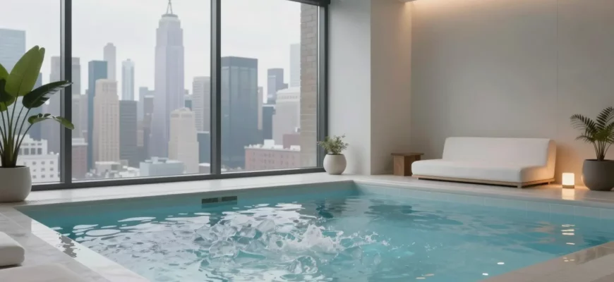 A modern cold plunge spa in New York City, featuring a sleek, glass-walled pool filled with icy blue water, surrounded by minimalist spa furnishings and subtle ambient lighting. In the background, a faint outline of the Manhattan skyline can be seen through large windows, hinting at an urban setting. The scene conveys a tranquil, refreshing atmosphere suitable for a cold plunge experience.