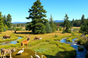 A panoramic, high-resolution scene of a rewilded American landscape, showing a diverse ecosystem with tall pine and oak trees, a rolling prairie with bison grazing, a wetland area with herons and water lilies, and a river flowing through a forest. In the foreground, a small family of deer and a lone wolf stand on a mossy rock. The background features a distant mountain range and a clear blue sky. The image should convey the contrast between human development and natural wilderness, with subtle hints of abandoned farm equipment in the far distance, blending into the reclaimed land.