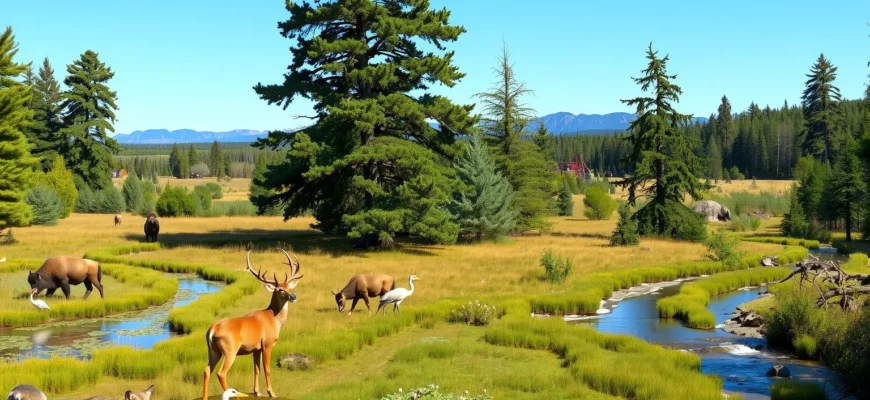 A panoramic, high-resolution scene of a rewilded American landscape, showing a diverse ecosystem with tall pine and oak trees, a rolling prairie with bison grazing, a wetland area with herons and water lilies, and a river flowing through a forest. In the foreground, a small family of deer and a lone wolf stand on a mossy rock. The background features a distant mountain range and a clear blue sky. The image should convey the contrast between human development and natural wilderness, with subtle hints of abandoned farm equipment in the far distance, blending into the reclaimed land.