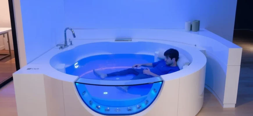 A sleek, modern cold plunge tub in a minimalist home setting, with a person stepping into it, surrounded by cool blue lighting, showcasing a high-end design, with a subtle reflection on the water surface