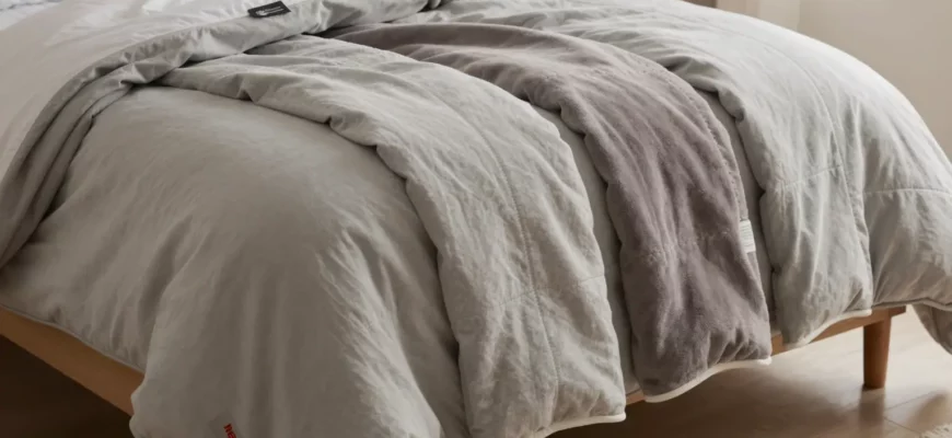 A cozy bedroom scene featuring a Meijer weighted blanket draped over a neatly made bed, placed beside two other popular weighted blankets of similar size, all displayed side by side to highlight their textures, colors, and stitching, with soft natural lighting and a warm, inviting atmosphere, no people or text present