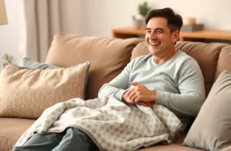 A realistic depiction of an adult person sitting comfortably on a couch, using a weighted lap blanket. The blanket should be visible, with a subtle pattern, and the setting should be a cozy living room with soft lighting. The adult should appear relaxed, with a gentle smile, wearing casual clothing. The blanket should be draped over the lap, showing its weight and texture.