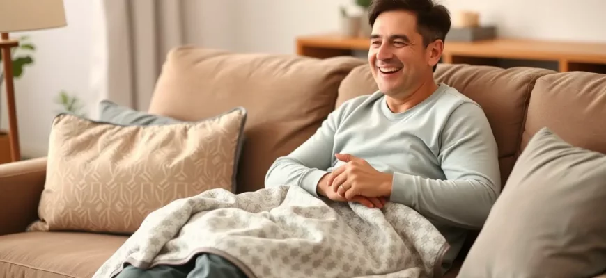 A realistic depiction of an adult person sitting comfortably on a couch, using a weighted lap blanket. The blanket should be visible, with a subtle pattern, and the setting should be a cozy living room with soft lighting. The adult should appear relaxed, with a gentle smile, wearing casual clothing. The blanket should be draped over the lap, showing its weight and texture.