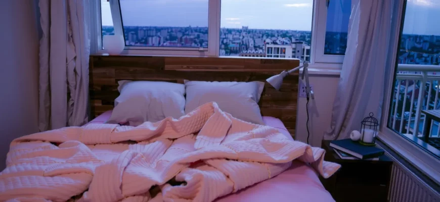 A cozy bedroom scene featuring a neatly made bed with a soft, textured weighted blanket draped over it, a wooden nightstand with a small lamp and a book, and a window showing a calm evening sky outside
