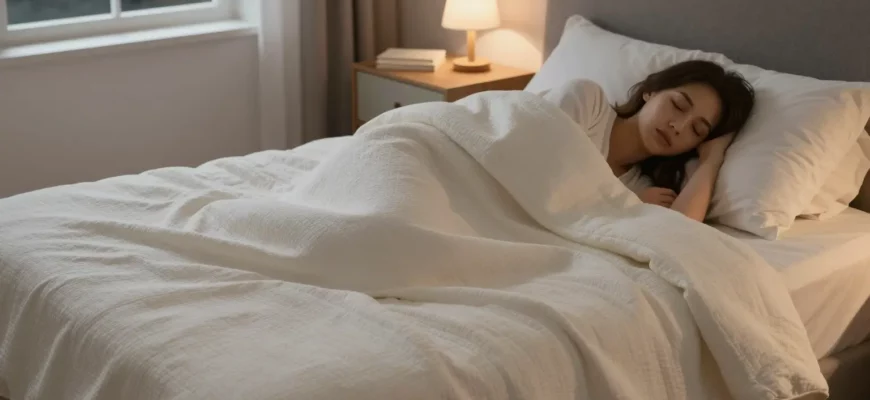 A cozy bedroom scene showing a person peacefully sleeping under a weighted blanket quilt, with soft ambient lighting, a nightstand with a small lamp and a book, and a window showing a dark starry sky outside. The blanket has a subtle textured weave and gentle folds, emphasizing comfort and calm. The atmosphere is serene and restorative, symbolizing the evolution of sleep technology toward deeper relaxation.