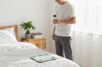 A serene, well-lit bedroom scene featuring a modern digital weighing scale on a wooden nightstand beside a neatly made bed with soft, white linens. A young adult, smiling and relaxed, stands beside the scale, gently holding a water bottle, looking content. A small potted plant and a stack of health and wellness books are placed on a nearby shelf, conveying a calm, healthy lifestyle. Soft natural light streams through a window with sheer curtains, creating a peaceful atmosphere.