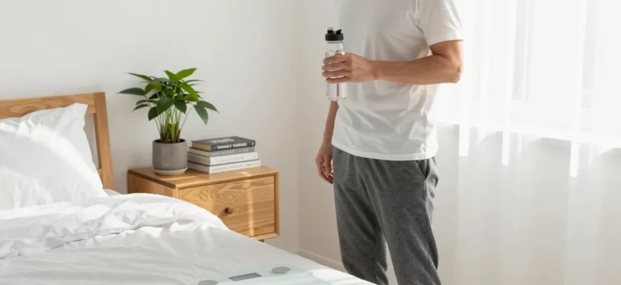 A serene, well-lit bedroom scene featuring a modern digital weighing scale on a wooden nightstand beside a neatly made bed with soft, white linens. A young adult, smiling and relaxed, stands beside the scale, gently holding a water bottle, looking content. A small potted plant and a stack of health and wellness books are placed on a nearby shelf, conveying a calm, healthy lifestyle. Soft natural light streams through a window with sheer curtains, creating a peaceful atmosphere.