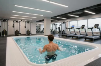 A 24 Hour Fitness gym interior featuring a cold plunge pool with a person stepping into the icy water, surrounded by gym equipment and a modern, clean atmosphere