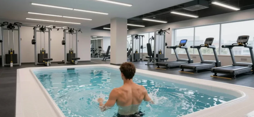 A 24 Hour Fitness gym interior featuring a cold plunge pool with a person stepping into the icy water, surrounded by gym equipment and a modern, clean atmosphere