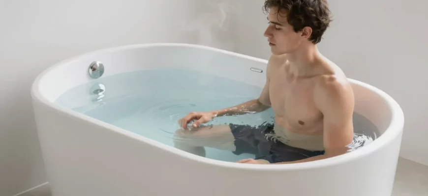 A sleek, affordable cold plunge tub placed in a minimalist bathroom setting, with clear water showing a subtle icy ripple effect. A relaxed person in athletic wear is stepping into the tub, steam lightly rising, emphasizing recovery and wellness. The scene is bright, clean, and inviting, focusing on the tub and the soothing atmosphere without any text or logos.