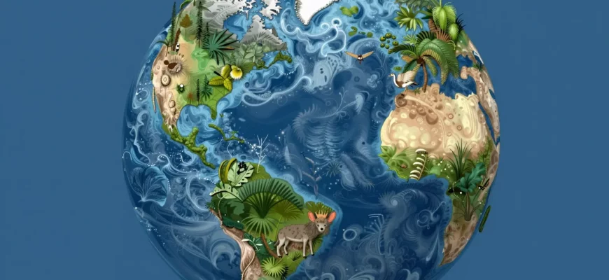 A vibrant, high-resolution illustration of Earth restored to lush, biodiverse ecosystems, featuring dense forests, flowing rivers, diverse wildlife, and a subtle blueprint grid overlay, no text or people