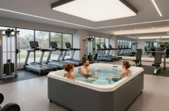 A modern gym interior with a cold plunge tub area, featuring a sleek and clean design. The gym should have various fitness equipment in the background, such as treadmills, weight machines, and free weights. The cold plunge tub should be prominently displayed with people using it, showcasing the benefits of cold therapy. The overall atmosphere should be inviting and professional, with good lighting and a sense of spaciousness.